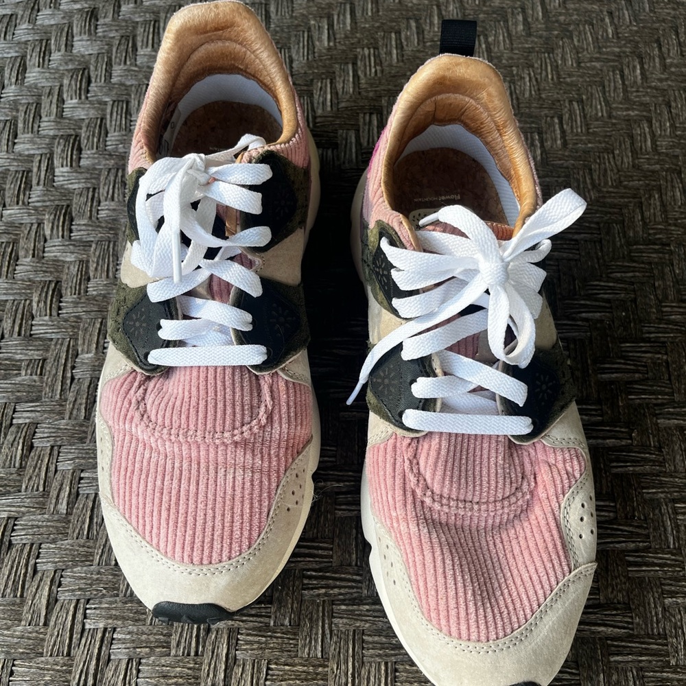 Pink and Tan Retro Athletic Shoes with Textured Design